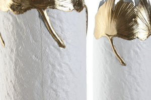 Jarra Branca em Metal com Folhas Douradas